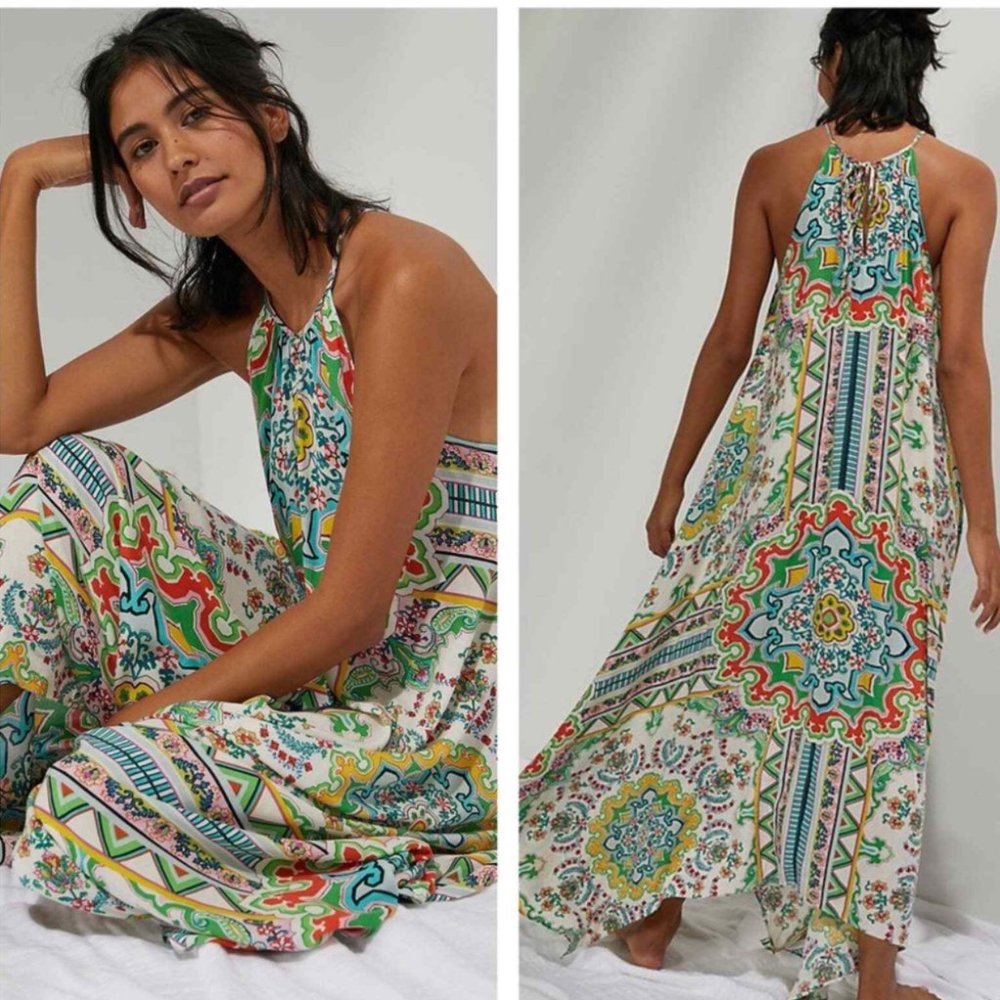 NWOT By Anthropologie Ella Halter Tunic Tribal Flowy Maxi Dress M/L
